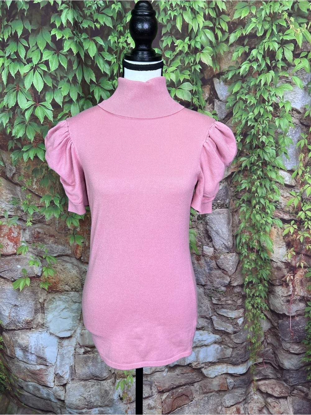 80 PARK Pink Turtleneck Ruched Puffy Short Sleeve Fitted Cottagecore Sweater, S - Picture 2 of 10